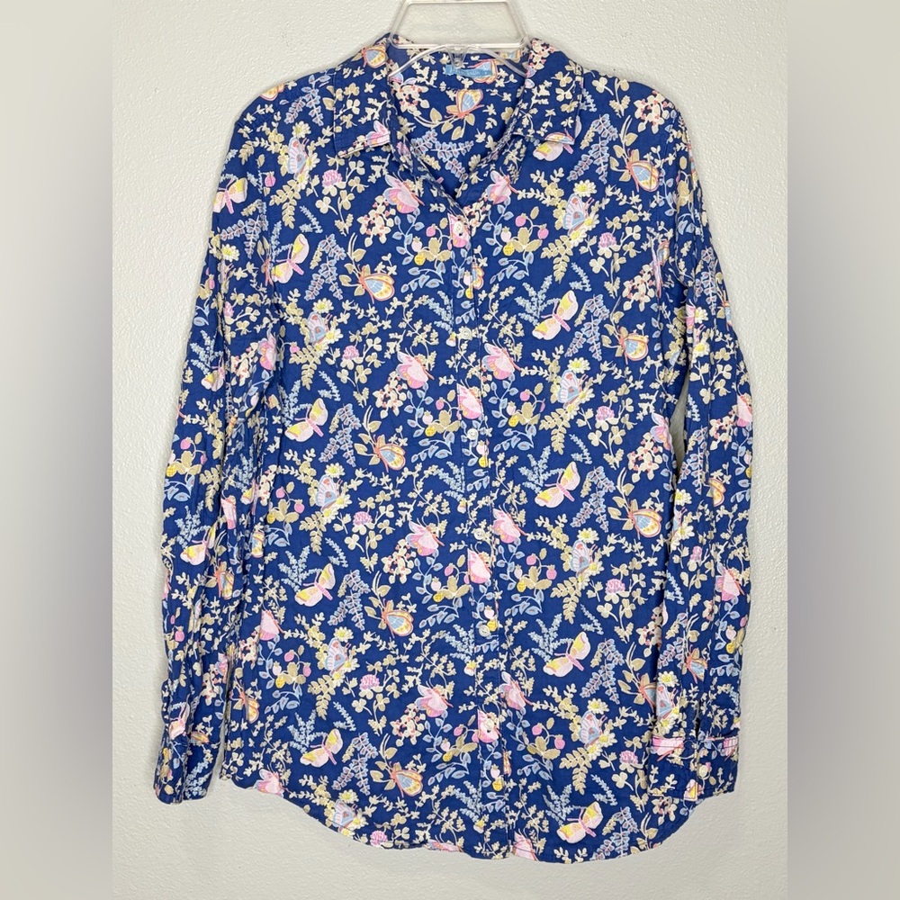 J. McLaughlin Lois Button-Up Shirt Small Blue Butterfly Pattern Floral Casual - Picture 2 of 6